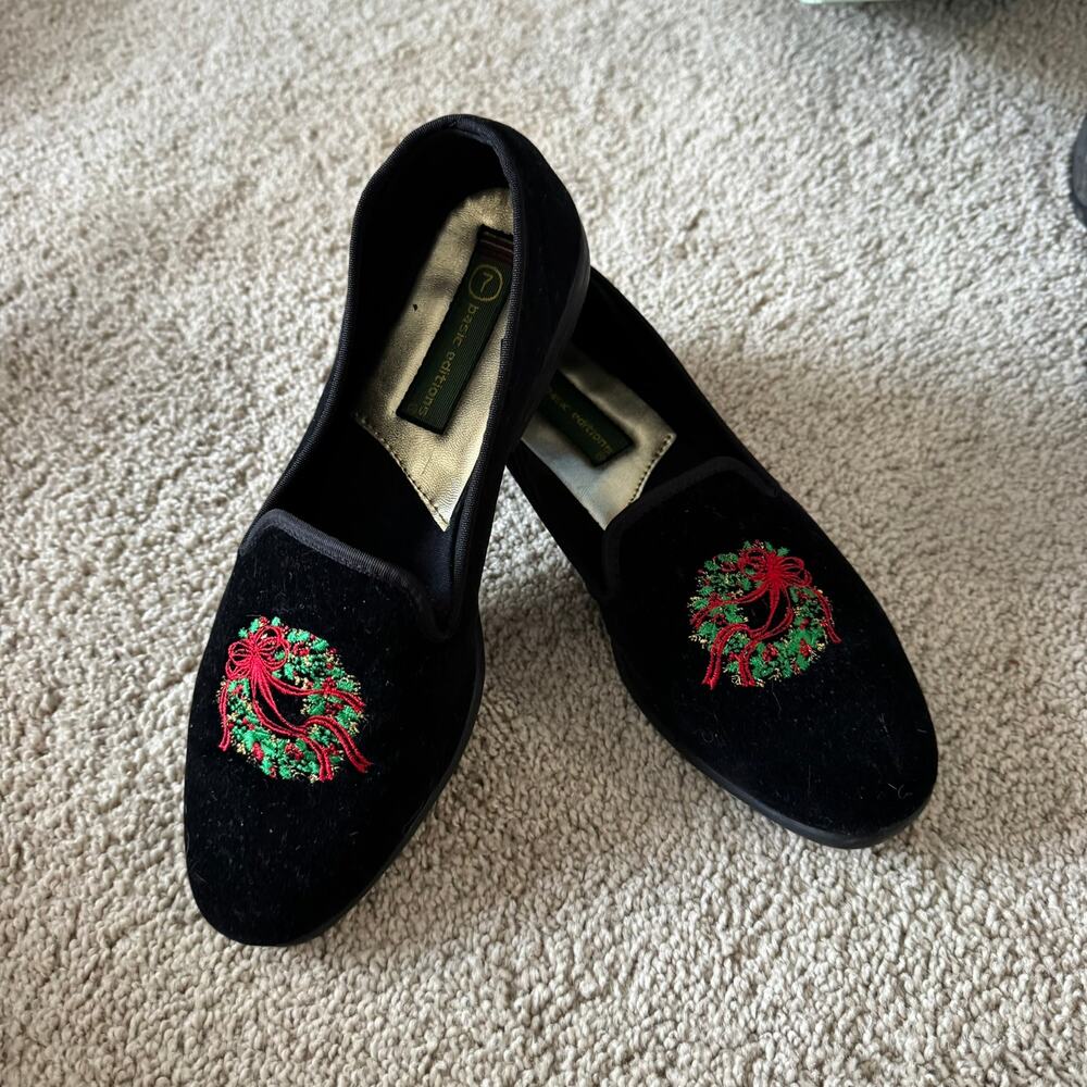 Vintage Basic Editions Black Velvet Loafers Flats Christmas Wreaths Women Size 7